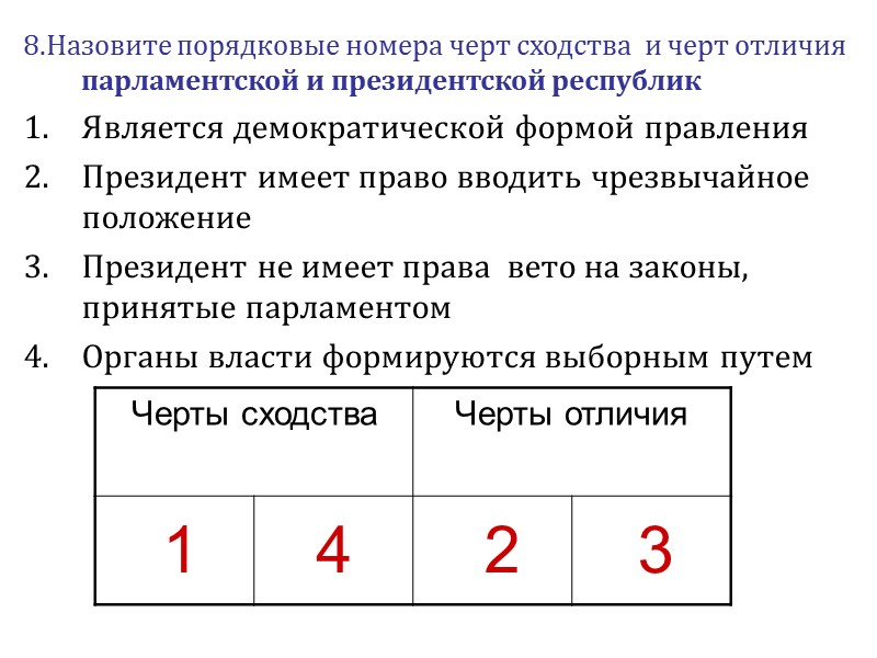 8.Назовите порядковые номера черт сходства  и черт отличия парламентской и президентской республик Является